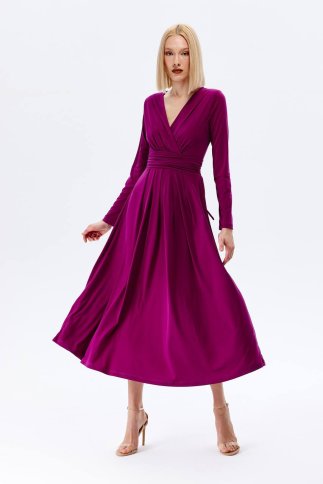 SILKY MIDI V NECK WRAP FLARED DRESS