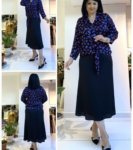 SILKY PATTERN TOP AND MATCHING FLARED SKIRT