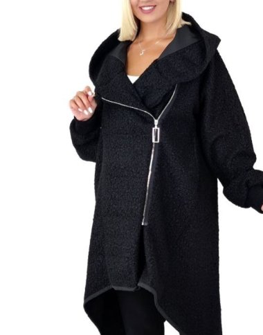 BOUCLE STYLE SIDE ZIP COAT WITH HOOD