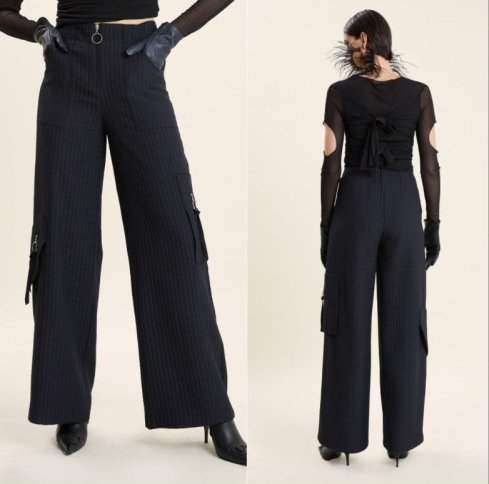PINSTRIPE ZIPPER FRONT CARGO FLARED PANTS