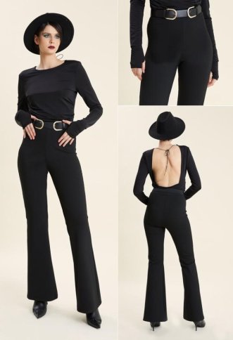 FLARED PANTS WITH DOUBLE BELT DESIGN