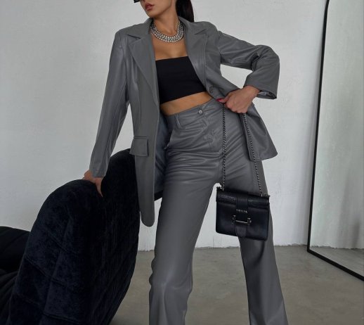 FAUX LEATHER JACKET AND FLARED PANTS