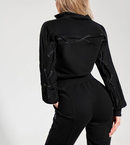 ZIPPER FRONT I PIECE SWEATSUIT WITH LACE UP DETAILS