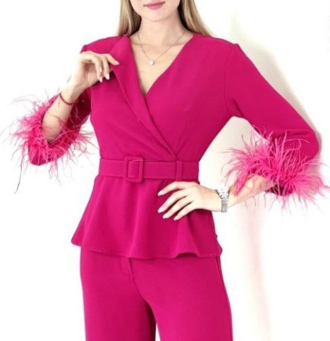 PEPLUM TOP WITH FEATHER CUFFS AND FLARED PANTS