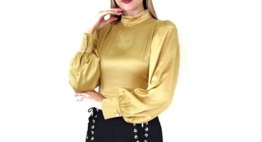 HIGH NECK LONG SLEEVE BLOUSON SATIN BLOUSE