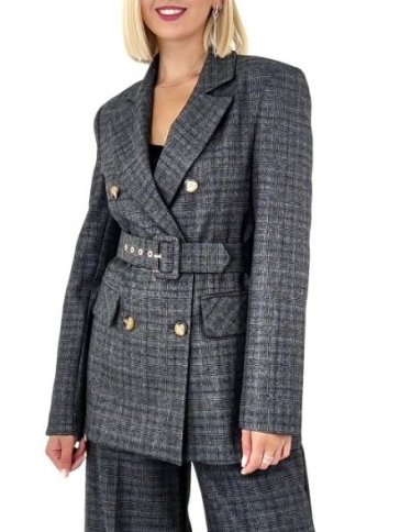 PLAID PATTERN DOUBLE BREASTED JACKET WITH BELT