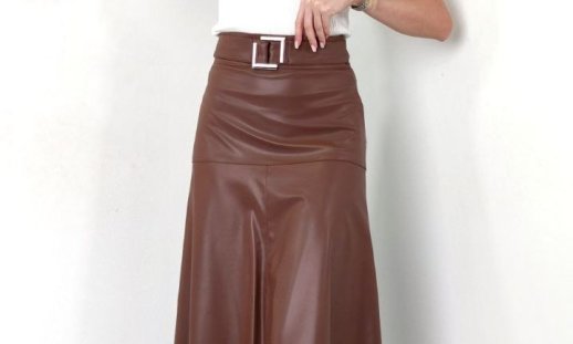 FAUX LEATHER MIDI FLARED SKIRT WITH BELT
