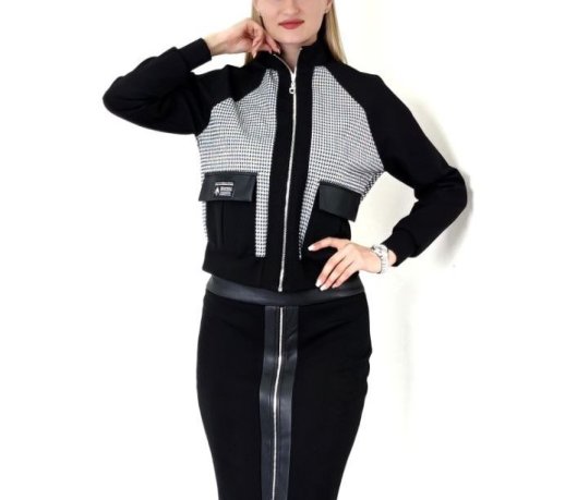 CHECK BOMBER JACKET AND ZIPPER FRONT MIDI SKIRT WITH FAUX LEATHER DETAILS