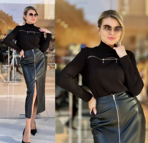 DOUBLE ZIPPER FAUX LEATHER MIDI SKIRT