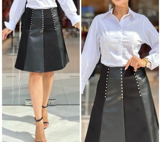 FLARED SKIRT WITH FAUX LEATHER INSERTS