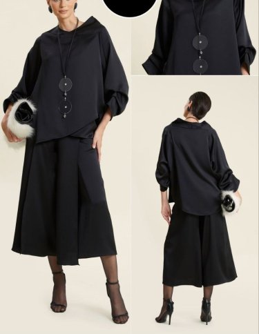 SATINY LOOSE ANGULAR TOP WITH CROP PANTS