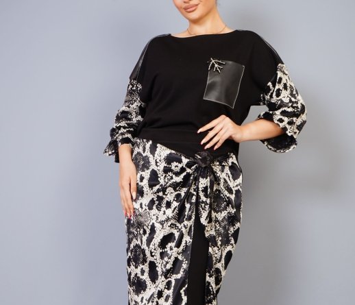 BLACK FABRIC AND SNAKESKIN PRINT WRAP DRESS