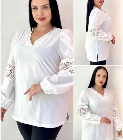BLOUSON SLEEVE BLOUSE WITH LACE AND STONE DETAILS