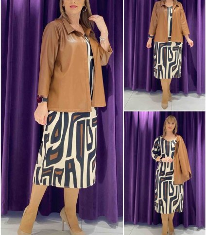 FAUX LEATHER JACKET WITH MIDI PATTERNED DRESS