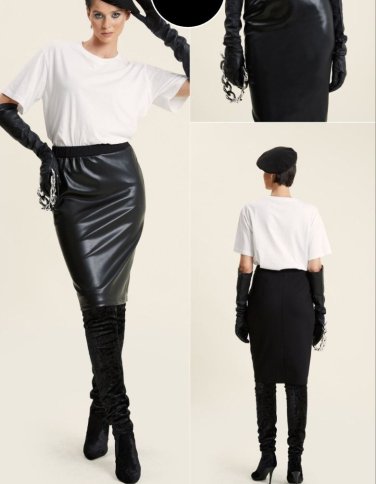 FABIC AND FAUX LEATHER FITTED SKIRT