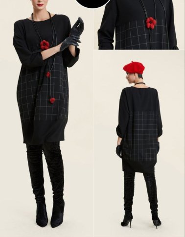 GRID PATTERN DRESS WITH BLACK ACCENTS