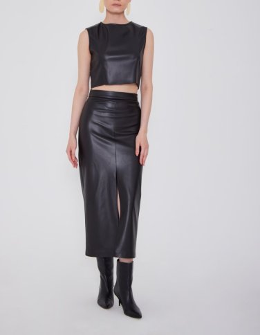 FRONT SLIT FAUX LEATHER MIDI SKIRT