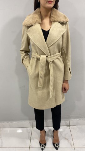 MIDI FAUX FUR COLLAR COAT WITH BUTTON SLEEVES