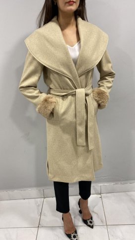 SHAWL COLLAR WRAP COAT WITH FAUX FUR CUFFS