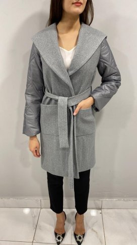 WRAP COAT WITH QUILTED SLEEVE DETAIL