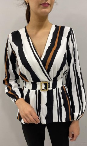 PRINTED LONG V NECK STRIPED BLOUSE